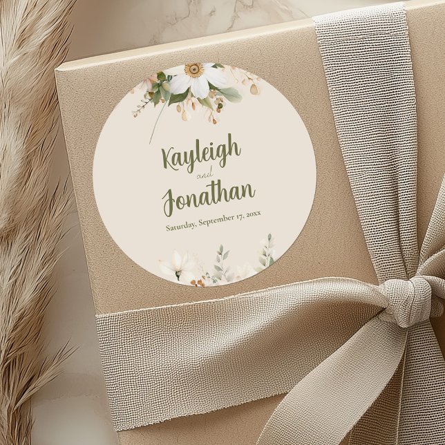Modern Beige Watercolor Floral Wedding Classic Round Sticker (Creator Uploaded)