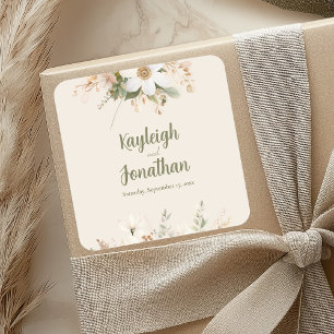 Modern Beige Watercolor Floral Wedding Square Sticker