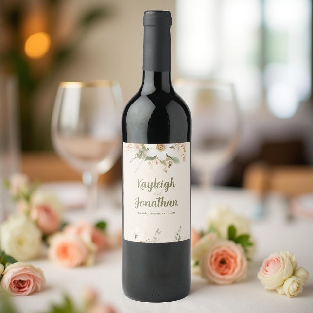 Modern Beige Watercolor Floral Wedding Wine Label (Creator Uploaded)