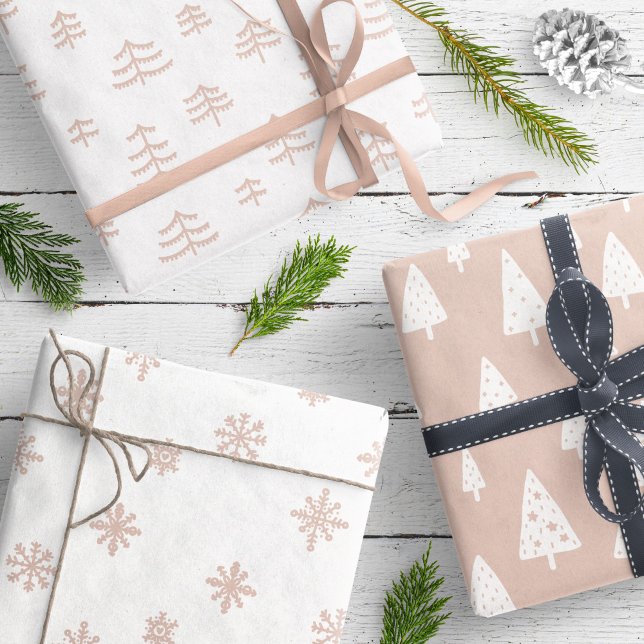 Modern Beige & White Christmas Trees Snowflakes Wrapping Paper Sheet (Creator Uploaded)