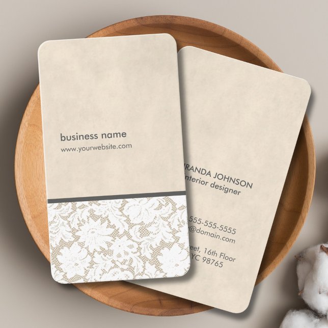 Modern Beige White Lace Pattern Interior Designer Business Card (Creator Uploaded)