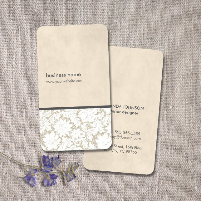 Modern Beige White Lace Pattern Interior Designer Business Card (Creator Uploaded)