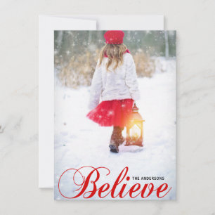 Modern BELIEVE Christmas Red Snowflakes   PHOTO Holiday Card