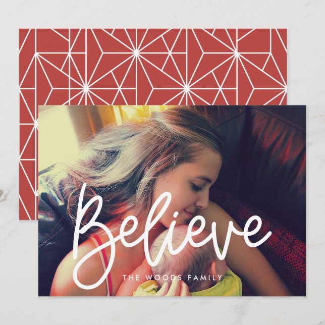 Modern Believe Inspirational Christmas Photo Holiday Card (Front/Back)