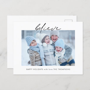 Modern Believe Script Photo Name Blue Christmas Postcard