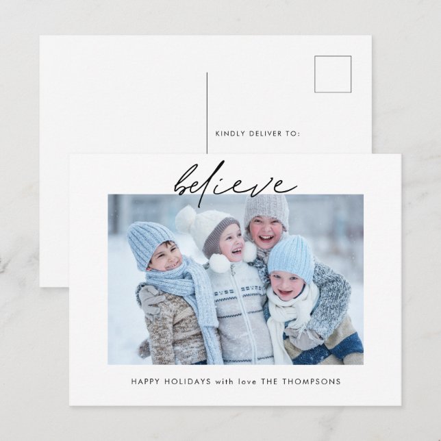 Modern Believe Script Photo Name Blue Christmas Postcard (Front/Back)