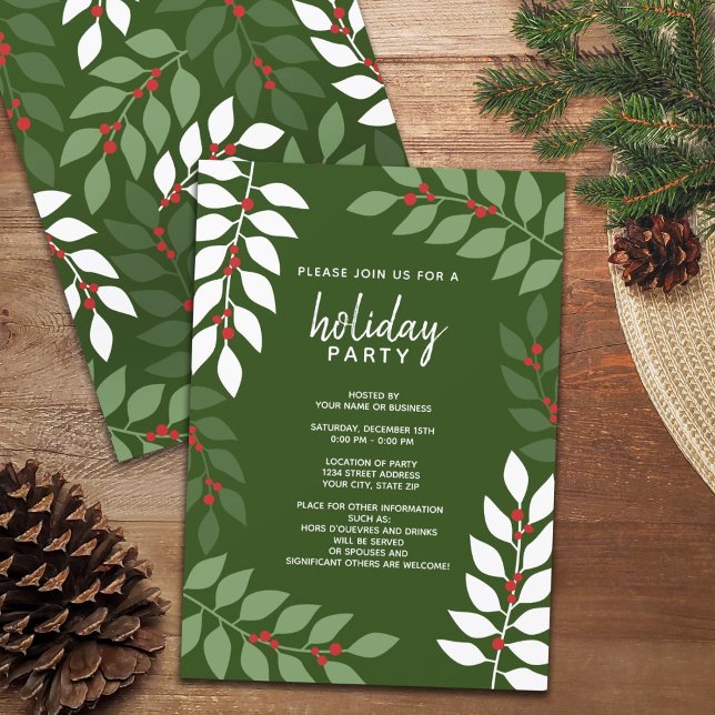 Modern berries branches - Cocktail Holiday Party Invitation (Holiday Party Invitation - modern eucalyptus branches with simple fonts )