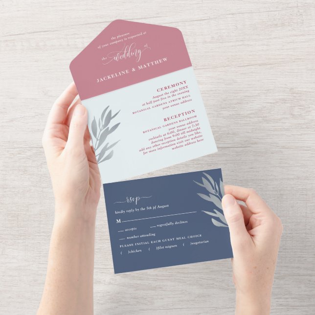 Modern Berry and Blue Wedding with Perforated RSVP All In One Invitation (Tearaway)