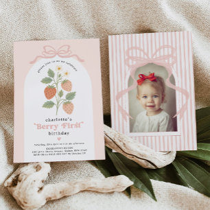Modern Berry First Strawberry Bow Birthday Photo Invitation