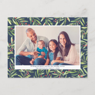 Modern Berry Greenery Blue Christmas Photo Holiday Postcard