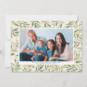 Modern Berry Greenery Cream Christmas Photo Holiday Card