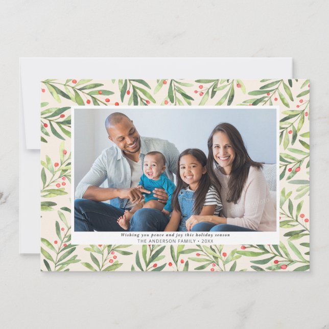 Modern Berry Greenery Cream Christmas Photo Holiday Card (Front)