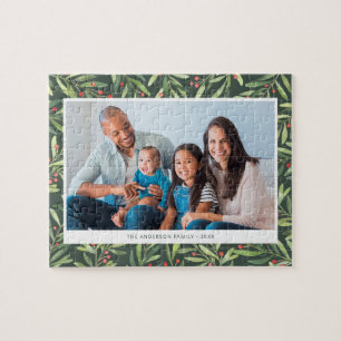 Modern Berry Greenery Green Christmas Family Photo Jigsaw Puzzle