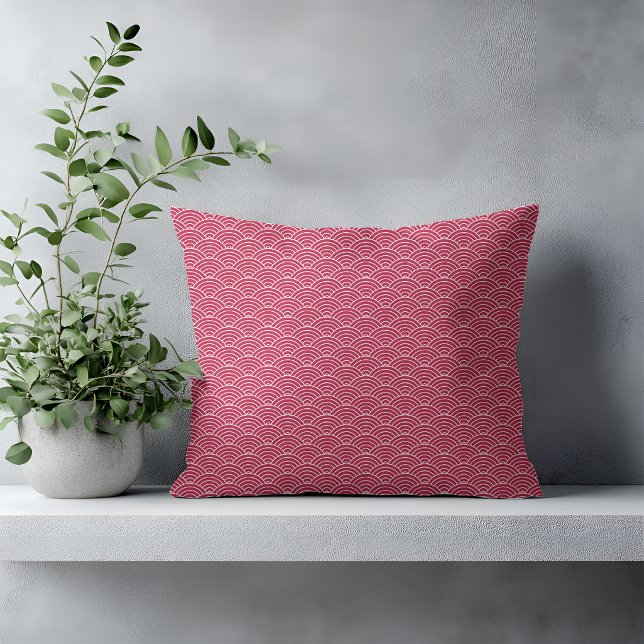 Modern Berry Red Japanese Wave Pattern Cushion (Creator Uploaded)