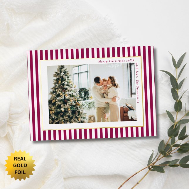 Modern Berry Red Stripes Photo Christmas Gold Foil Holiday Card (Creator Uploaded)
