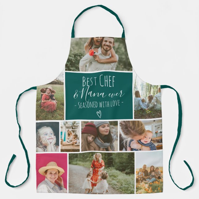 Modern Best chef grandma photo collage grid green Apron (Front)
