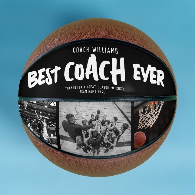 Modern BEST COACH EVER Cool Street Style Photo Basketball (A basketball featuring bold text saying "Best Coach Ever" on a black band, with 3 basketbaLL photos)