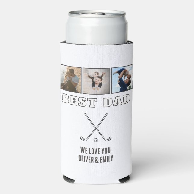 Modern Best Dad 3 Photo Collage Keepsake Golf Seltzer Can Cooler (Seltzer Back)