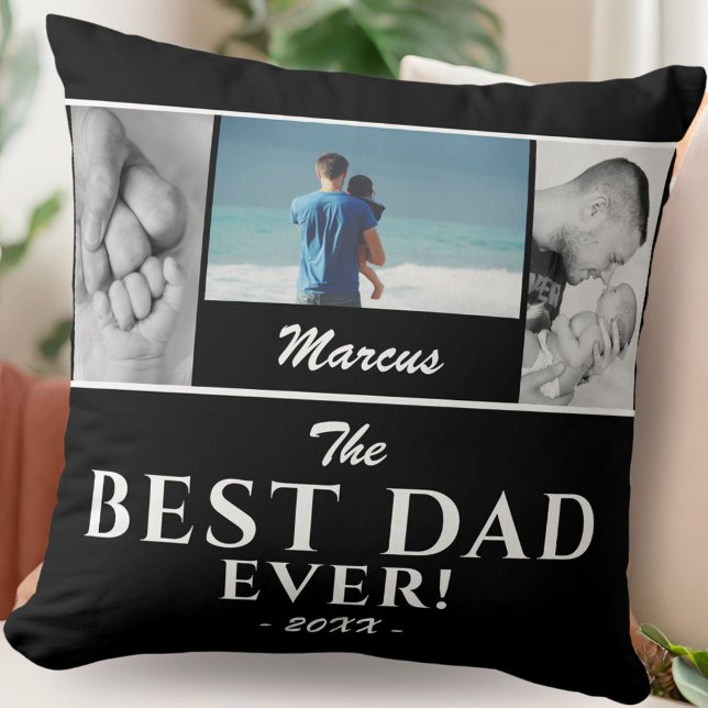 Modern Best Dad Black Father`s Day 3 Photo Collage Cushion (Creator Uploaded)