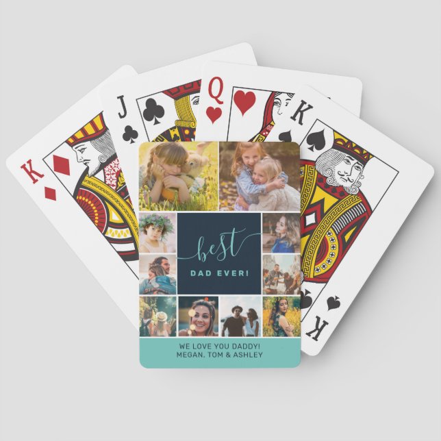 Modern best dad blue photos collage grid template playing cards (Back)