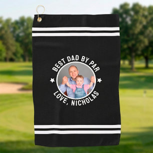 Modern Best Dad By Par Personalised Photo Black Golf Towel