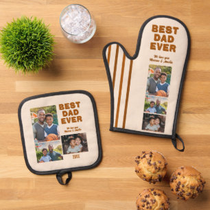 Modern Best Dad Ever 3 Photo Collage Father's Day  Oven Mitt & Pot Holder Set