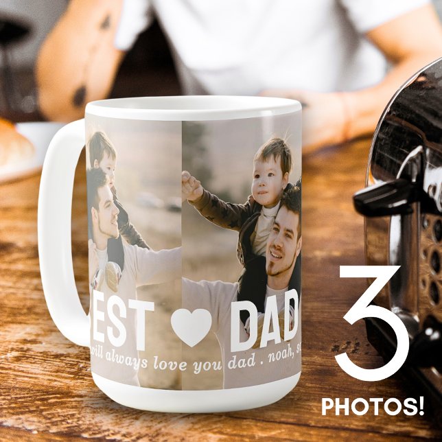 Modern Best Dad Ever 3 Photo Collage Hearts Custom Coffee Mug (Creator Uploaded)