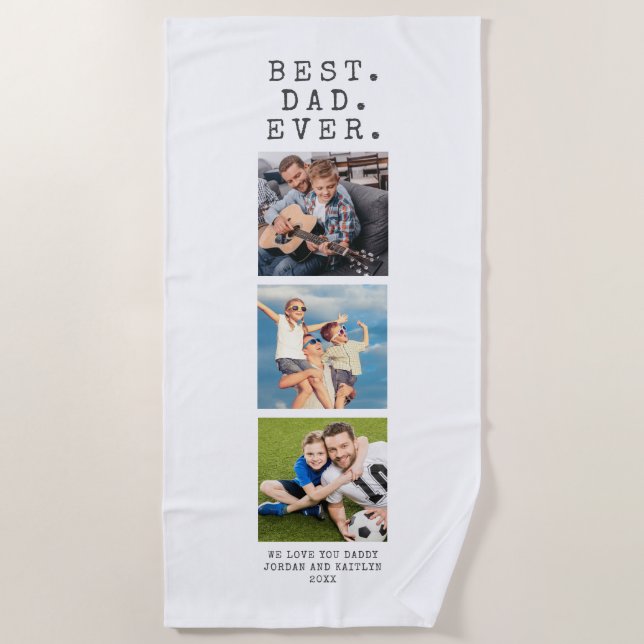 Modern BEST DAD EVER 3 Photos Personalised Beach Towel (Front)