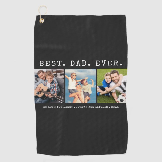 Modern BEST DAD EVER 3 Photos Personalised Custom Golf Towel (Front)