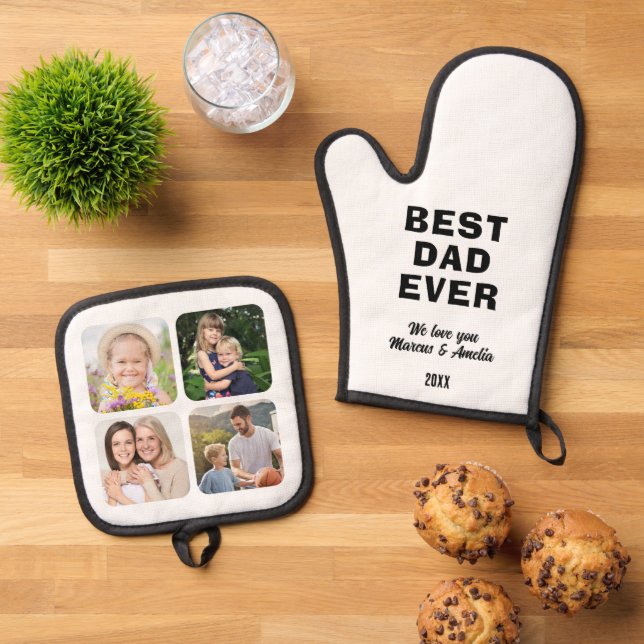 Modern Best Dad Ever 4 Photo Collage Father's Day  Oven Mitt & Pot Holder Set (Top Down)