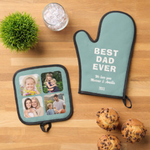 Modern Best Dad Ever 4 Photo Collage Father's Day Oven Mitt & Pot Holder Set