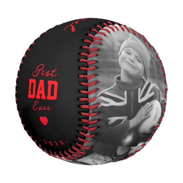 Modern Best Dad Ever Black Red Custom Name Baseball (Angled)