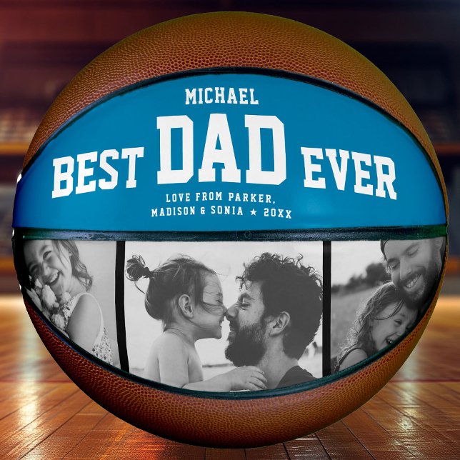 Modern BEST DAD EVER Cool Photo Collage Retro Blue Basketball (Creator Uploaded)