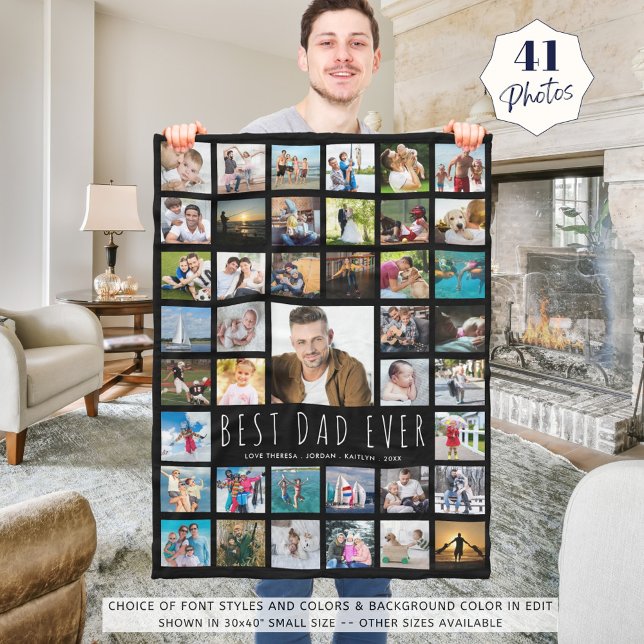 Modern BEST DAD EVER Photo Collage Black Fleece Blanket (Creator Uploaded)