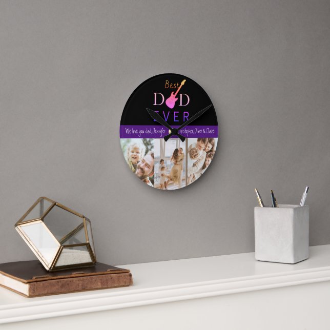 Modern Best Dad Ever Photo Collage Fathers Day Round Clock (Office)