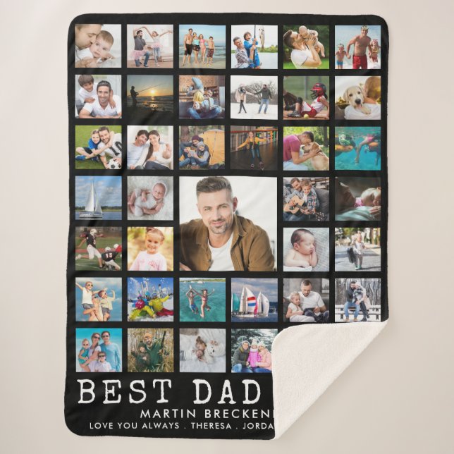 Modern BEST DAD EVER Photo Collage Your Text Black Sherpa Blanket (Front)