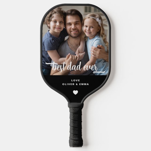 Modern Best Dad Ever Photo Playing Black Pickleball Paddle (Front)