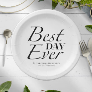 Modern Best Day Ever   Black & White Wedding Paper Plate