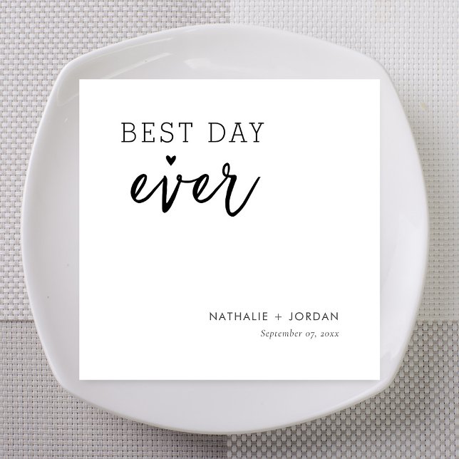 Modern Best Day Ever Custom Name Wedding Napkin (Personalized modern Best Day Ever wedding napkins with custom names and playful heart accent.)