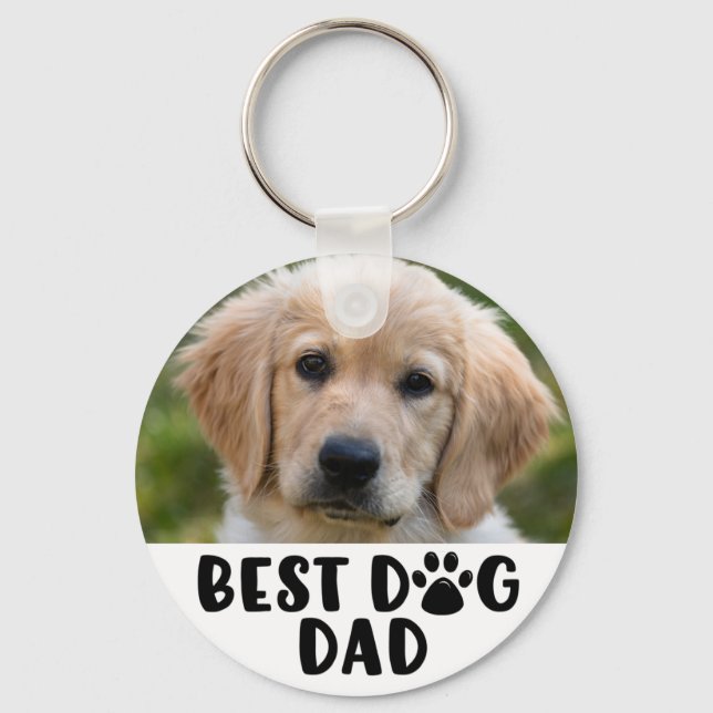 Modern BEST DOG DAD Paw Print Photo Key Ring (Front)