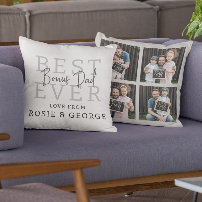 Modern Best Ever Bonus Dad | Photo Collage Cushion (Creator Uploaded)
