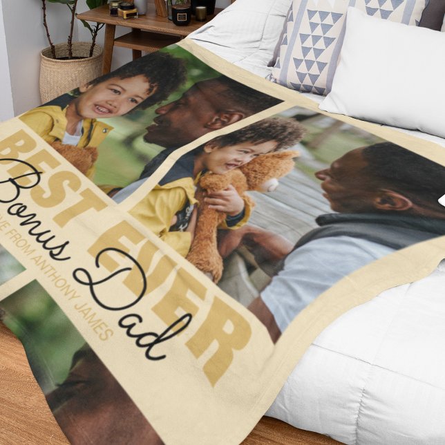 Modern Best Ever Bonus Dad | Photo Collage  Fleece Blanket (Creator Uploaded)
