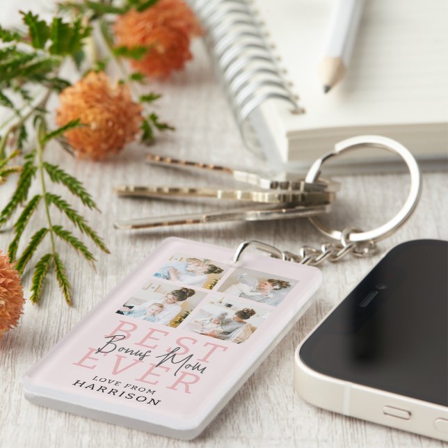 Modern Best Ever Bonus Mum | Photo Collage Key Ring (Front Right)