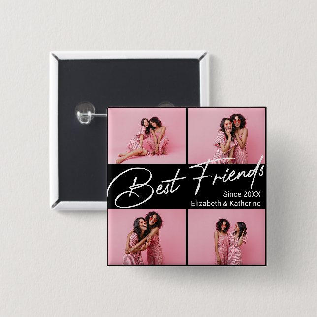 Modern Best Friends 4 Photo Collage Gift 15 Cm Square Badge (Front & Back)
