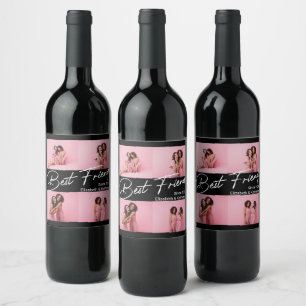 Modern Best Friends 4 Photo Collage Gift Wine Label