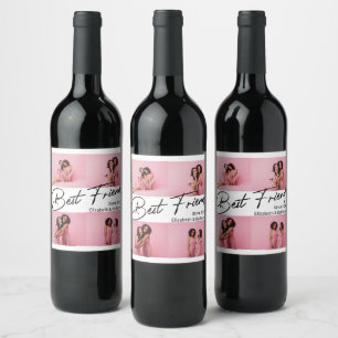 Modern Best Friends 4 Photo Collage Gift Wine Label