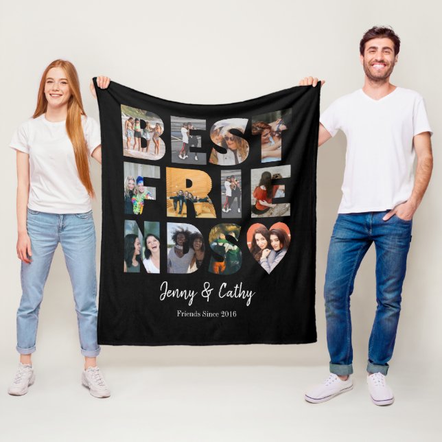 Modern Best Friends Besties Photo Collage Black Fleece Blanket (In Situ)