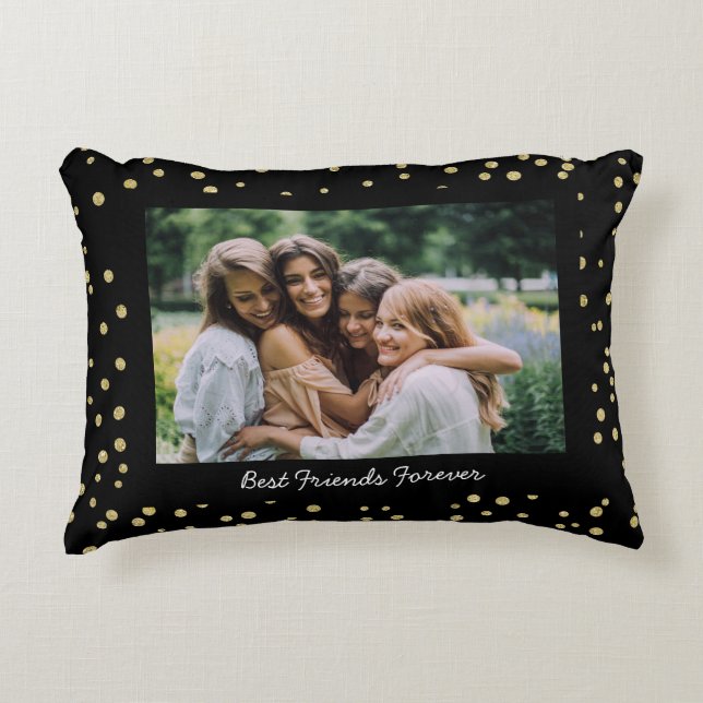 Modern Best Friends BFF Besties Photo Black Gold Decorative Cushion (Front)