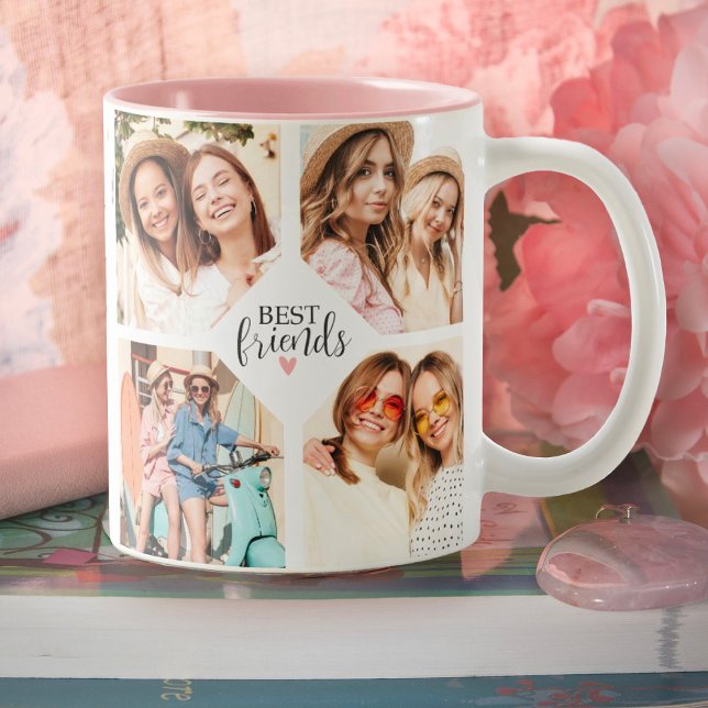 Modern Best Friends Bff Script Photo Collage Two-Tone Coffee Mug (Photo mugs make cute gifts for best friens.)