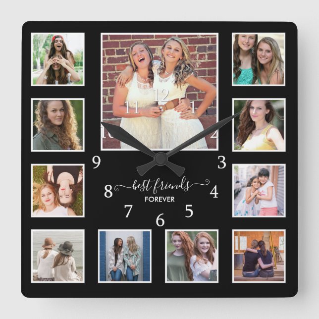 Modern Best Friends Forever 11 Photo Collage Black Square Wall Clock (Front)